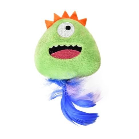 Chrisco Plysmonster med fjer og katteurt, 18 cm
