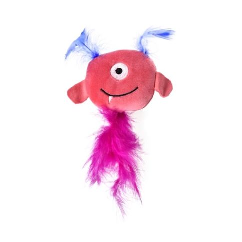 Chrisco Plysmonster med fjer og katteurt, 15 cm