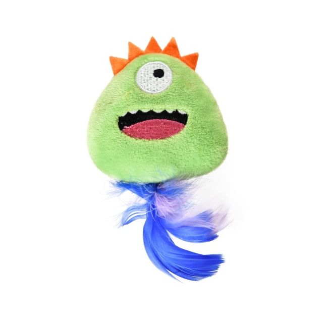 Chrisco Plysmonster med fjer og katteurt, 18 cm