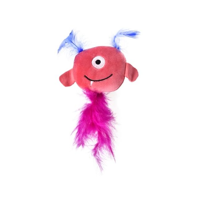 Chrisco Plysmonster med fjer og katteurt, 15 cm